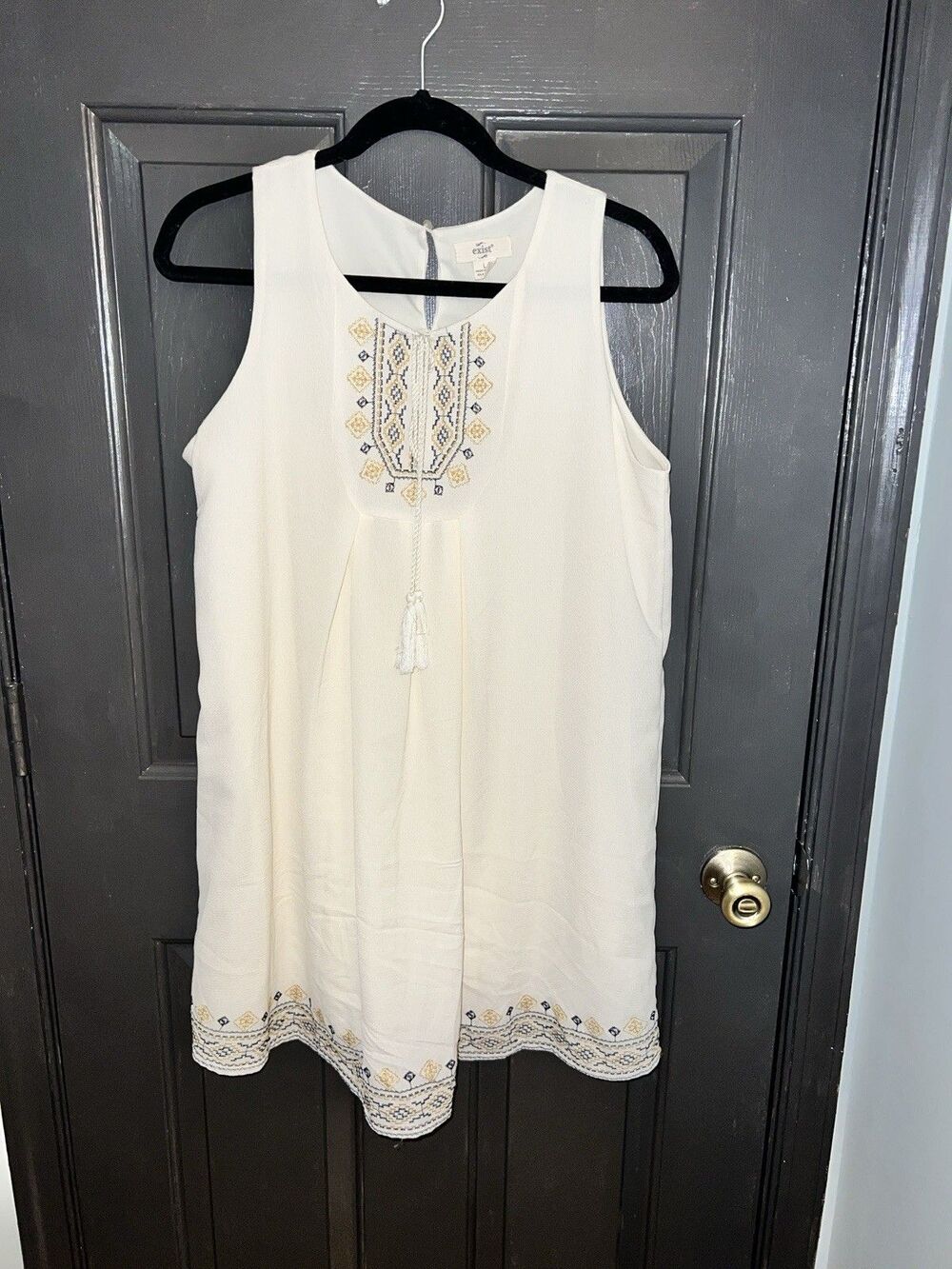 Exist Ivory Embroidered Tasseled Shift Dress Sleeveless Bohemian Festival Size L